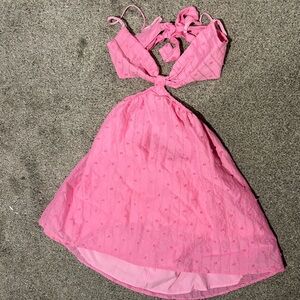 Women’s vacation solid pink color textured, backless bow mini dress